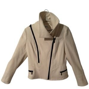 DKNY Cream Wool Blend Moto Jacket Asymmetrical Zip Cropped Designer Coat Sz 6
